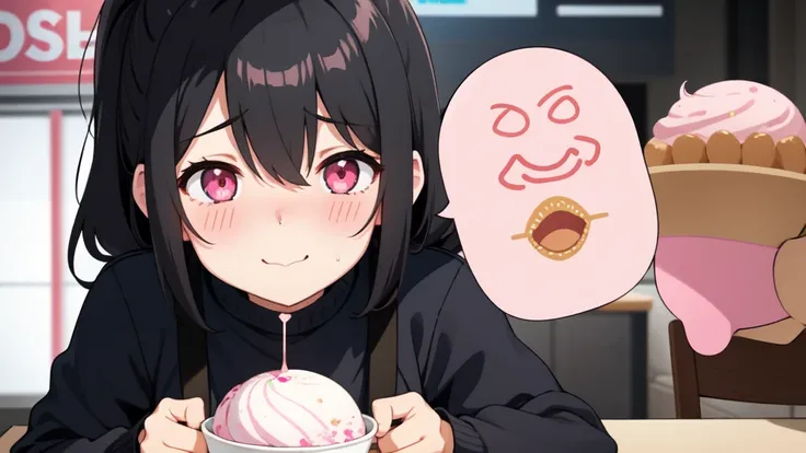 One girl,Black Hair,Pink eyes,(blush:1.1)、Embarrassed face、 ((Heavy breathing:1.3)), like,  smile、Big Breasts、whole body,Im eating ice cream,Sexy pose