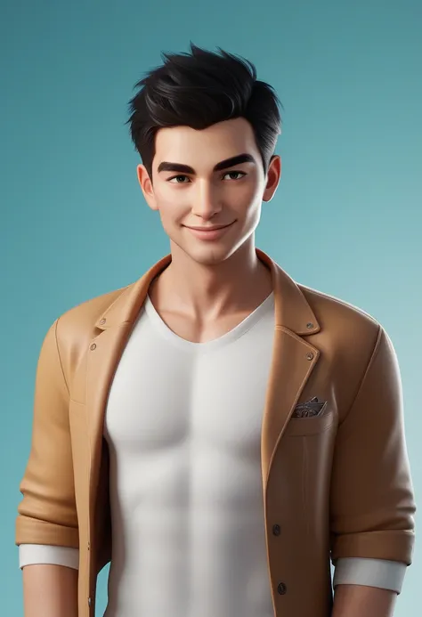 Create a 3D animation of a cartoon caricature with a big head. a 20 year old Indonesian man. He has short black hair parted on the right side. His face is oval with smooth lines, thick and neat black eyebrows, normal eyes, a big nose, and thin lips with a ...