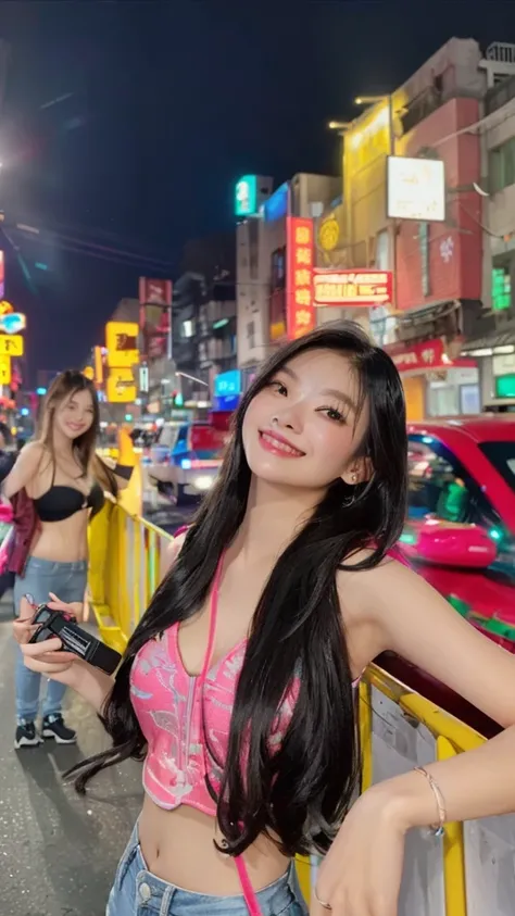 woman standing on a city street at night with a mini camera, Mischievous grin, at night with neon lights, asian girl with long hair, neon lights in the background, neon city in the background, 8k selfie photograph