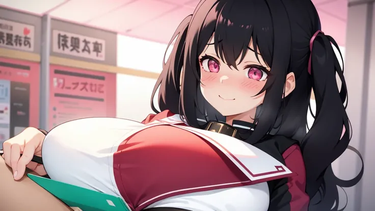 One girl,Black Hair,Pink eyes,(blush:1.1)、Embarrassed face、 ((Heavy breathing:1.3)), like,  smile、Big Breasts、whole body,Im eating ice cream,Sexy pose