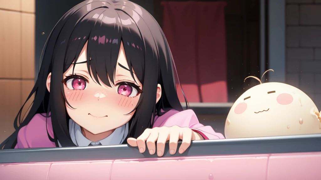 One girl,Black Hair,Pink eyes,(blush:1.1)、Embarrassed face、 ((Heavy breathing:1.3)), like,  smile、Big Breasts、whole body,Im eating ice cream,Sexy pose