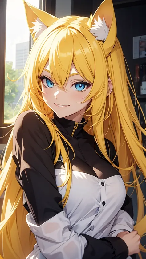 Anime cat girl with yellow ears, yellow hair, blue eyes, smiling casually.