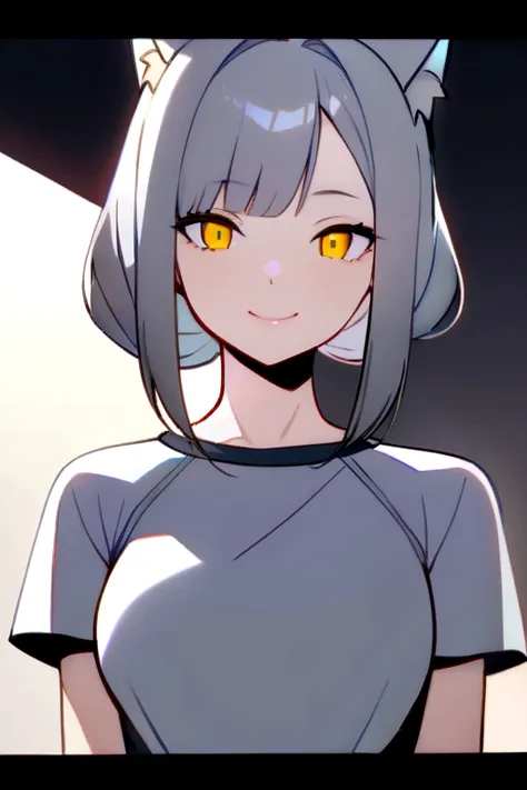 ((masterpiece)), ((best quality)), (from front, facing front:1.32), (close-up:1.2), (half-body shot:1.36), (side bangs hairstyle), perfect anatomy, 1girl, solo, adult cat girl, long gray straight hair, yellow round eyes, gray cat ears, short-sleeved loose ...