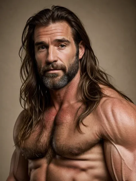 A 40 years old male, long hair, portrait of a ruggedly handsome male, muscular, half body, masculine, mature, Retrato de un joven, Muscular, real, winter