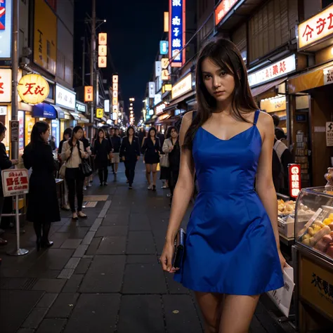 Female supermodel. Royal blue cocktail dress. Dim, soft lighting. Sunset. Sugamo Jizodori Shopping Street, Tokyo, Japan. Sunset.