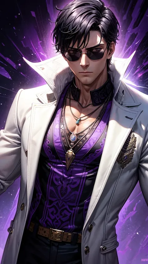 A tall, white muscular man with short, black hair and purple shade sunglasses stands confidently. He is wearing a stylish, dark jacket with intricate purple patterns over a light blue shirt. He has a serious expression and a necklace with a pendant, high d...