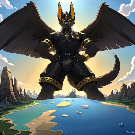 birds-eye view, macro furry,anthro,
Jackal, jackla ears,jackal tail, dark black fur, gold markings, black mohawk, black sclera, gold pupil, standing over a tiny continent on earth, looking down at ground, hands on hips,
wearing black techwear shorts with g...