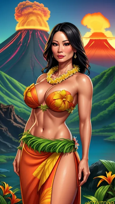 a beautiful woman, Lucy Liu, wearing a grass skirt and flower lei, standing in front of a tropical volcano landscape, detailed facial features, beautiful eyes and lips, long eyelashes, photorealistic, vibrant colors, cinematic lighting, masterpiece, 8k, ul...