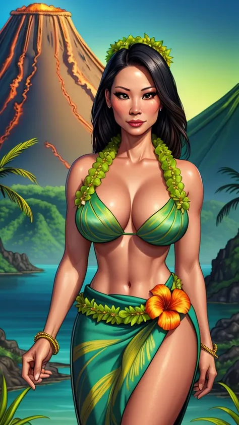 a beautiful woman, Lucy Liu, wearing a grass skirt and flower lei, standing in front of a tropical volcano landscape, detailed facial features, beautiful eyes and lips, long eyelashes, photorealistic, vibrant colors, cinematic lighting, masterpiece, 8k, ul...