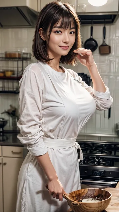 Browsing Caution:1.1、Active women, smile、Age: 40 years old, Mature Woman, Bake cookies in a sunny kitchen, Surrounded by flour, Stir the bowl、Huge breasts 、short hair、Black-haired、Wearing a white apron、Long Sleeve T-Shirt、((Tight clothing))、(blunt bangs)