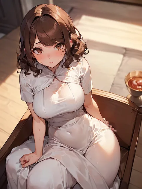 (((White short sleeve elegant blouse、Red long skirt、Drinking tea from a white cup))),(((Apartment room、Sitting in a chair、Anxious expression)))Mid-length bob cut hair:1.9. Very large breasts:1.6、(((1 Female:1.3))), (((Brown Hair:1.3. Wavy Hair:1.6. Bob Cut...