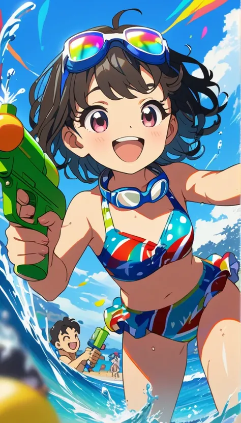 Masterpiece、high resolution、Extremely colorful、miniature painting、A girl in a swimsuit spraying water at us with a water gun、A cheerful smile、Summer blue sky、Colorful Swimsuits、Black short hair、Swimming goggles around his neck、Anime Style