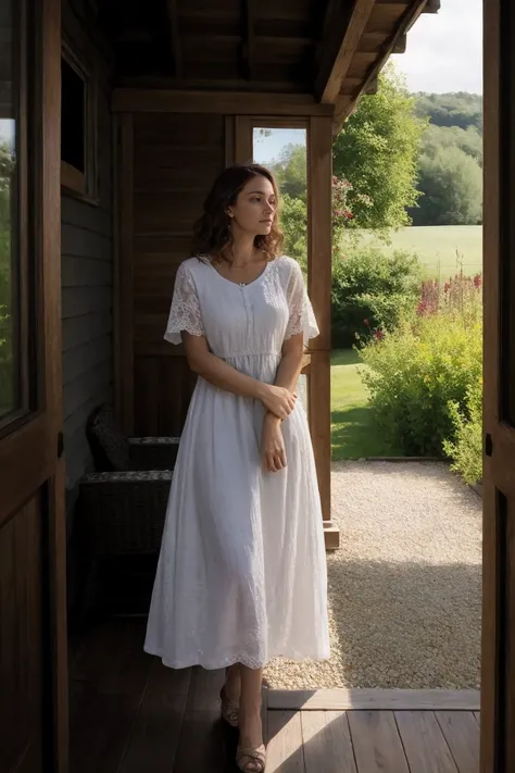 A beautiful woman with light delicately filtering through her hair, her summer dress is beautiful and shes standing in front of a cottage