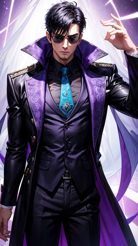 A tall, white muscular man with short, black hair and purple shade sunglasses stands confidently. He is wearing a stylish, dark jacket with intricate purple patterns over a light blue shirt. He has a serious expression, high detailed, 8K, masterpiece.