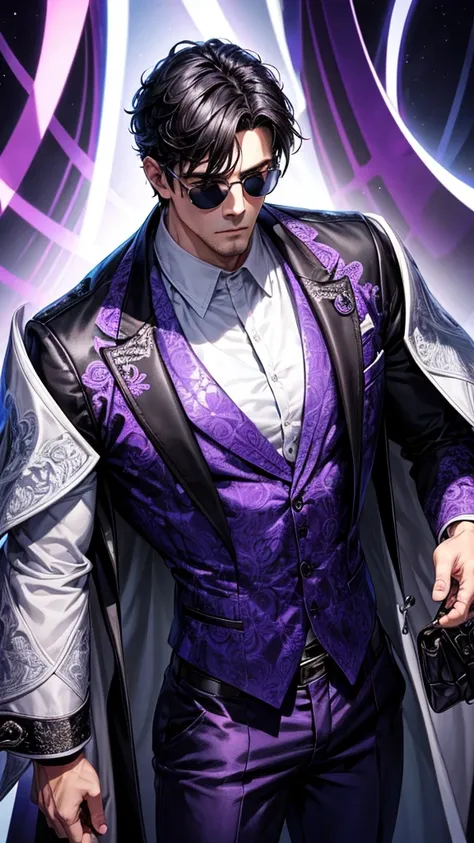 A tall, white muscular man with short, black hair and purple shade sunglasses stands confidently. He is wearing a stylish, dark jacket with intricate purple patterns over a light blue shirt. He has a serious expression, high detailed, 8K, masterpiece.