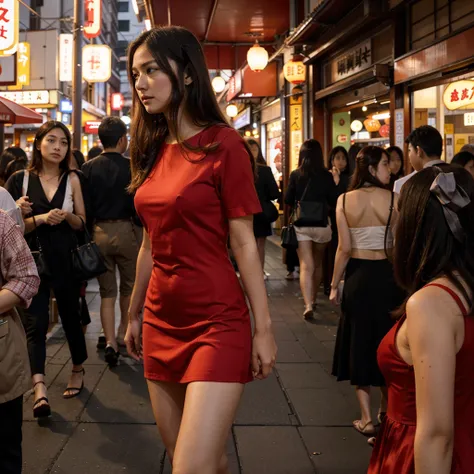 Female supermodel. Red cocktail dress. Dim, soft lighting. Sunset. Sugamo Jizodori Shopping Street, Tokyo, Japan. Sunset.