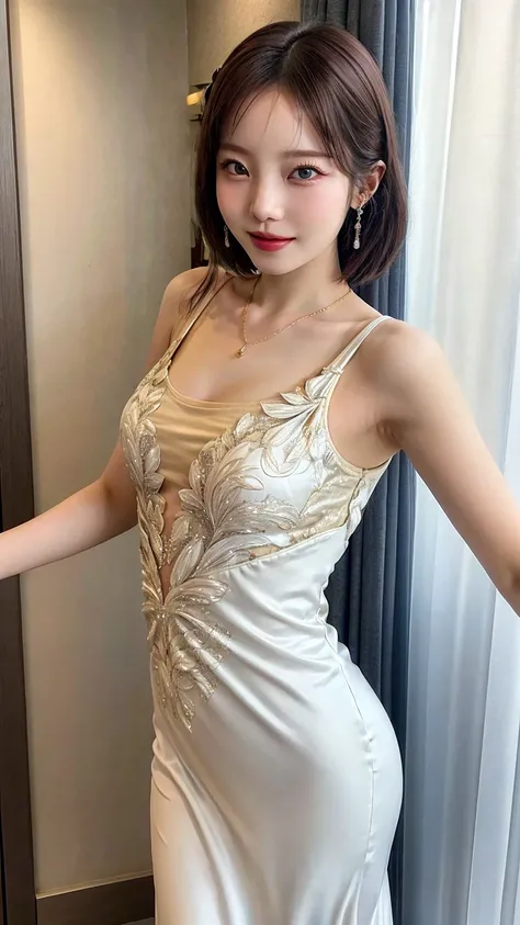 One piece wedding dress、Beautiful young wife、Super detailed、Particles of light:0.5、Shiny and smooth skin texture、First Night、Love each other、Beautiful clear eyes、Secret Love Affair、Sex、、Natural Texture、Short Hair、、Mature slender beauty、Small breasts、Dignif...