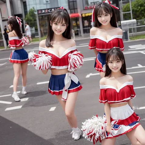 ((Cleavage exposure、Off the shoulder、Cheerleader Costume、pleated micro mini skirt))、Random and cute faces、Quality skin texture、Fine eyes、Highest quality、smile、masterpiece、High-resolution images、18-year-old、Gravure idol pose