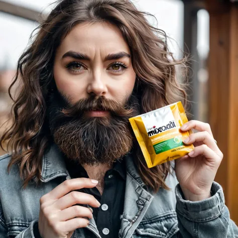 extremely bearded shaggy and hairy woman, hold a packet of minoxidil kirkland in her hands