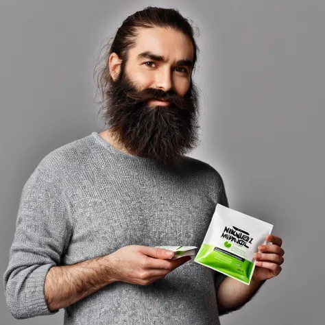 extremely bearded shaggy and hairy woman, hold a packet of minoxidil kirkland in her hands