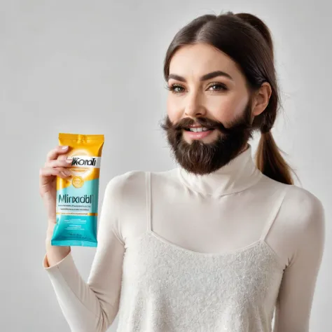 extremely bearded shaggy and hairy woman, hold a packet of minoxidil kirkland in her hands