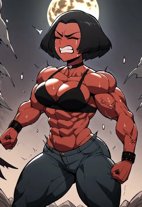 Millie helluva boss, female muscle growth, veins, abs, sweating, eyes closed, teeth clenched, in pain, torn clothes, moon, detailed background, chocker, muscles throbbing, muscles bulging, muscles expanding. Ripped black bra, ripped black jeans, red skin. ...