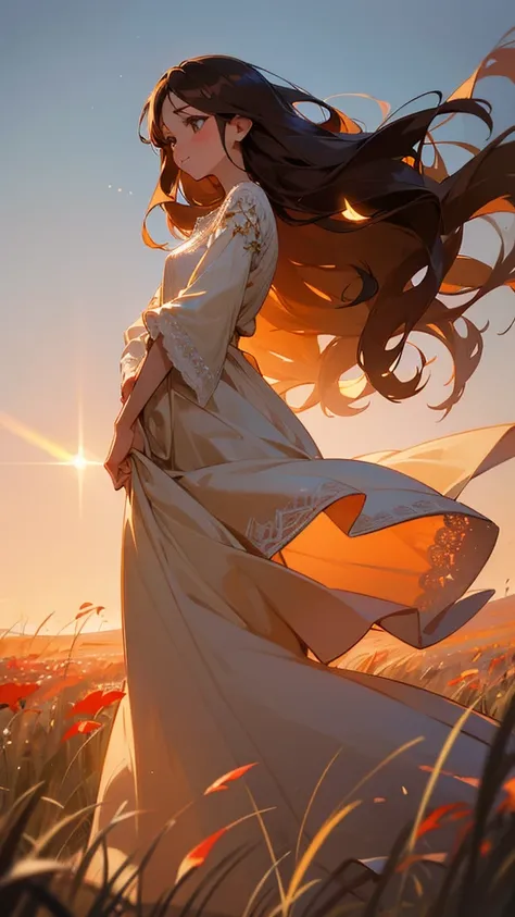  A afternoon breathtakingly beautiful girl with light brown hazel eyes sparkling with joy as she stands gracefully in the midst of a vast field of wildflowers holding a flower. Her long, wavy dark brown hair reaching her waist dances freely in the gentle s...