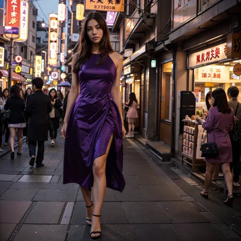 Female supermodel. Purple cocktail dress. Dim, soft lighting. Sunset. Sugamo Jizodori Shopping Street, Tokyo, Japan. Sunset.