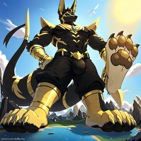 birds-eye view, macro furry,anthro,
Jackal, jackla ears,jackal tail, dark black fur, gold markings, black mohawk, black sclera, gold pupil, pawpads, gold pawpads, handsome, sexy, slim, well-buily, standing over a tiny continent on earth, looking down at gr...