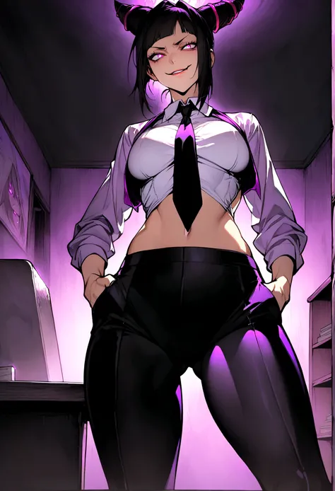 Juri Han, artwork, tight white secretary shirt with black tie, Bblack hair,evil smile,DESK,bangs on the eyes,lighting,horn of hair,glowing purple eye,hands in pocket,legging pants
