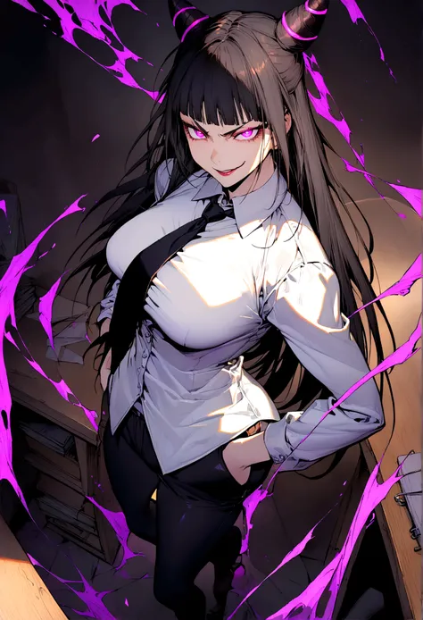 Juri Han, artwork, tight white secretary shirt with black tie, Bblack hair,evil smile,DESK,bangs on the eyes,lighting,horn of hair,glowing purple eye,hands in pocket,legging pants
