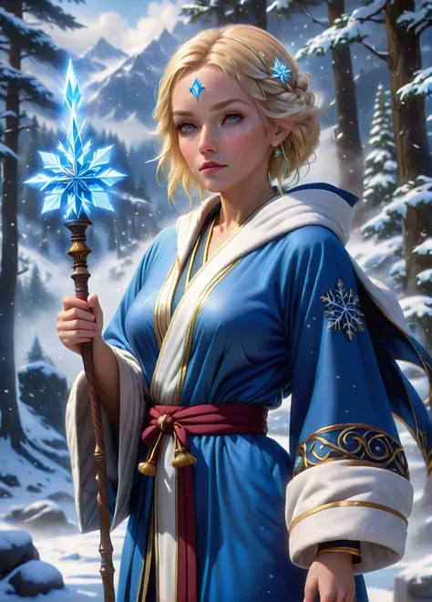 ice mage, (old slim female: 1.5), (blonde hair: 1.1), (serious concentrated look: 1.5), skinny, snowflakes symbols and patterns, (white and blue robe: 1.5), snowy mountains and trees , holding an magic staff and book, full shot, ((looking at viewer:1.2), (...