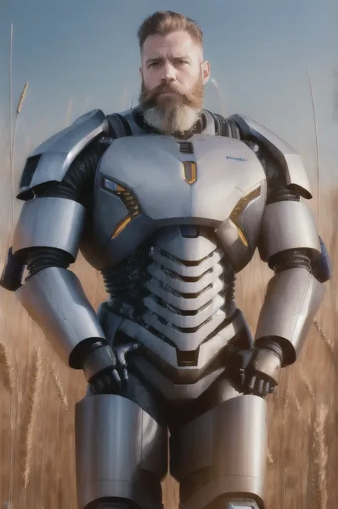 (reelmech: 1.5), CEO portrait photo of a 45 year old man with a big beard, in a luxurious office, cyborg body, in a wheat field (Artwork: 1.2) (photorealistic: 1.2) (bokeh) (best quality) (detailed skin) (complex) (8K) (hdr) (cinematic lighting) (sharp foc...