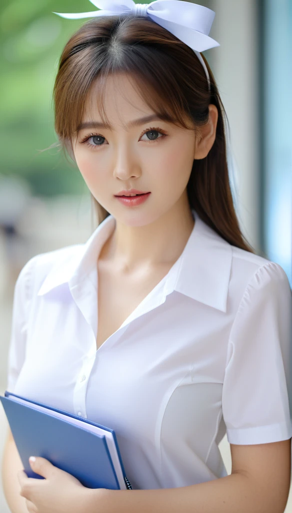 close-up of beautiful korean female, 34 inches breasts size, blue eyes, white ribbon hairband, wearing white short sleeves collar shirt, holding documents file, bokeh background, UHD 