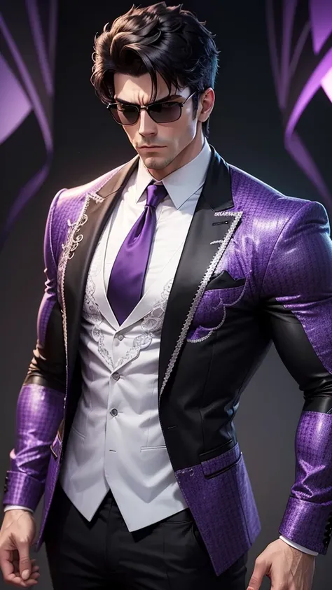 A tall, white muscular man with short, black hair and purple shade sunglasses stands confidently. He is wearing a stylish, black jacket with intricate purple patterns over a light blue shirt. He has a serious expression, high detailed, 8K, masterpiece.