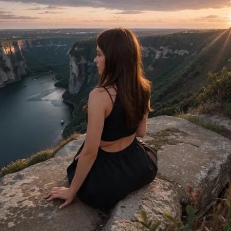 Lucie seen from behind on the edge of a cliff overlooking the mr and sunset