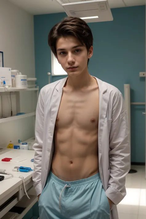 A beautiful young male twink with a face with reddish makeup. He has black hair. He is wearing a long-sleeved white shirt and aqua blue pants. He is in the surgical theater working as a surgeon. A genius in medicine. Behind him are medical devices and medi...