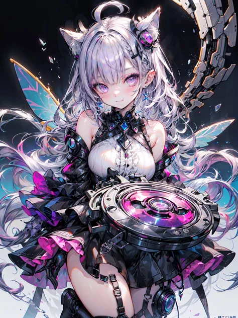 Best image quality、(((Ezvian Everywhere))),Character Portrait、Great style、Laugh hard、Beautiful feet、Leather shoes、Dynamic pose、, young、Gothic Lolita, (((Light purple hair))), Purple eyes, (mascara), Blunt bangs, ((Hair above the eyes)), Long Hair, Pink mix...