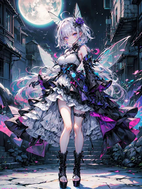 Best image quality、(((Ezvian Everywhere))),Character Portrait、Great style、Laugh hard、Beautiful feet、Leather shoes、Dynamic pose、, young、Gothic Lolita, (((Light purple hair))), Purple eyes, (mascara), Blunt bangs, ((Hair above the eyes)), Long Hair, Pink mix...