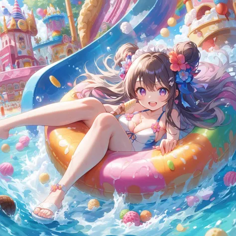 score_9, score_8_up, score_7_up, source_anime,masterpiece, best quality, high resolution, extremely detailed CG, absurdres, highres, A dreamy water playground, all the buildings are made of ice cream, the ice cream castle is colorful, and the girl in swims...