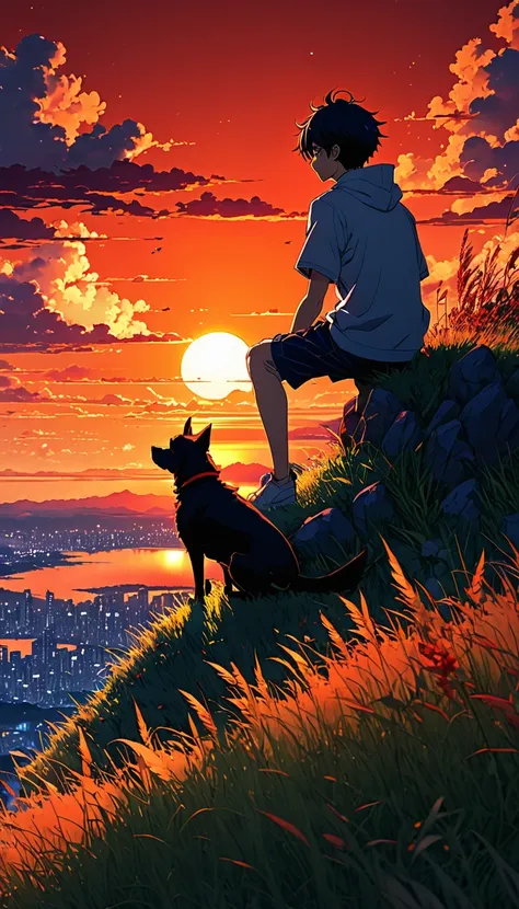 high quality, 8k ultra hd, great detail, masterpiece, an anime-style digital illustration, anime landscape of a boy with his dog...