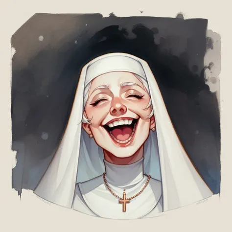 Bande dessinée. Real photo of the whole body. Plain black background. Mobius style. Watercolor of a squat, short, white-haired nun beautiful girl laughing hysterically.