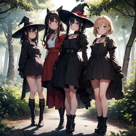 a group of beautiful witch girls in the middle of a forest in the night, standing girl young girl, gloves, elbow pads, boots, smiles, witch hat , small breasts, short black dress, necklaces, jewelry decorations , black red hair , red hair , black hair , bl...