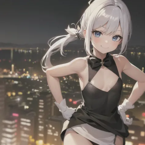 1girl, solo, absurdres, best quality, (smug smile:1.2), white hair, blue eyes, sleeveless dress, hair ornament, black dress, short, side ponytail, long hair, outdoors, nighttime, night, city, stars, starry sky, small breasts, flat chest, white gloves, whit...