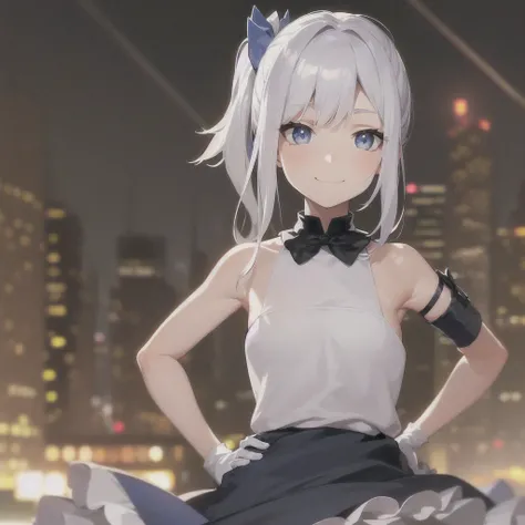 1girl, solo, absurdres, best quality, (smug smile:1.2), white hair, blue eyes, sleeveless dress, hair ornament, black dress, short, side ponytail, long hair, outdoors, nighttime, night, city, stars, starry sky, small breasts, flat chest, white gloves, whit...