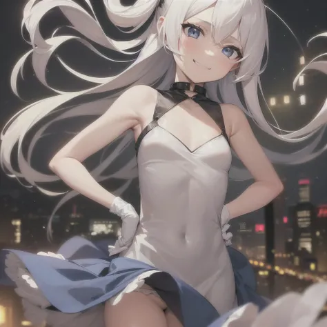 1girl, solo, absurdres, best quality, (smug smile:1.2), white hair, blue eyes, sleeveless dress, hair ornament, black dress, short, side ponytail, long hair, outdoors, nighttime, night, city, stars, starry sky, small breasts, flat chest, white gloves, whit...