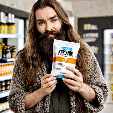 extremely bearded shaggy and hairy woman, hold a packet of minoxidil kirkland in her hands