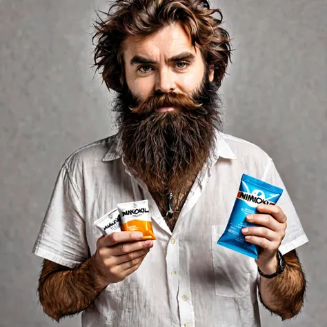 extremely bearded shaggy and hairy woman, hold a packet of minoxidil kirkland in her hands