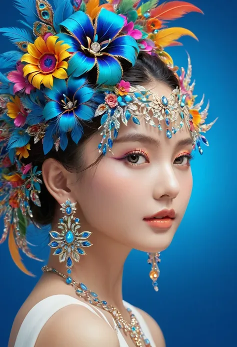 ((Fractal Art)),((masterpiece,best quality,Extremely detailed,Ultra-high resolution,Detailed background)),(((Blue Background))),(1 Girl),((rich and colorful)),Flowers,(Glowing skin),((Many colors)),(earrings),feather