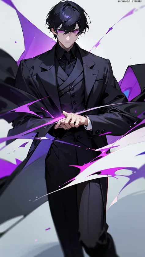 A tall, white man with short black hair and purple eyes. He is wearing a black overcoat. He has a serious expression, high detailed, 8K, masterpiece.